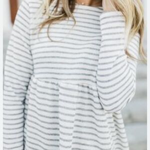 Roolee White and Gray Striped Long Sleeve Top